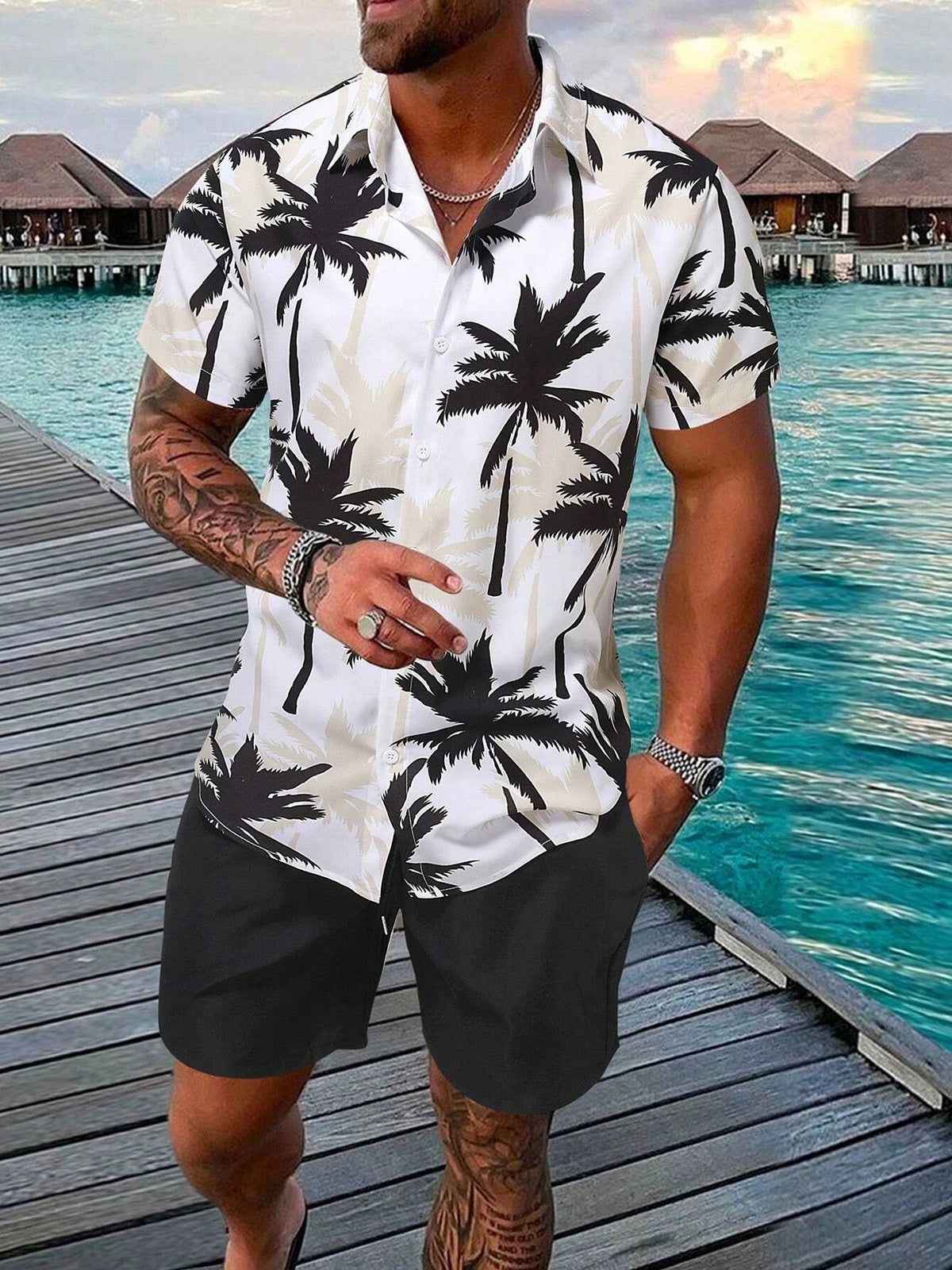 Men's Fashion 3D Print Short Sleeve Shirt & Beach Pants Set