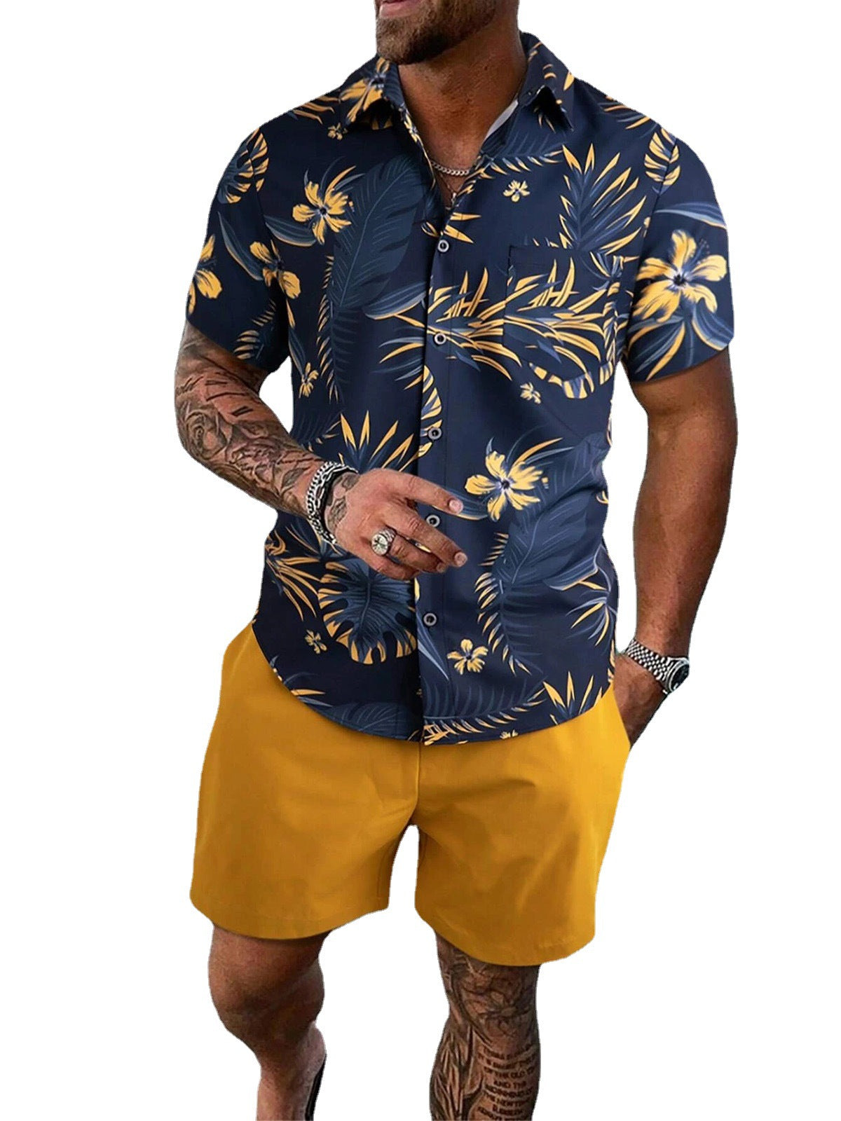Men's Fashion 3D Print Short Sleeve Shirt & Beach Pants Set