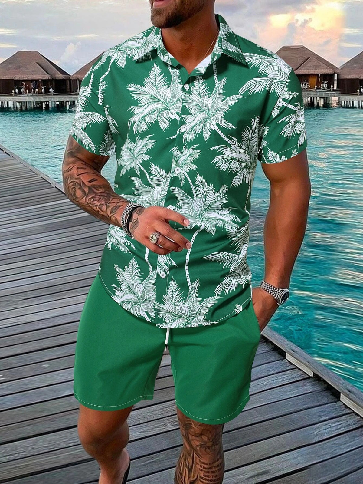 Men's Fashion 3D Print Short Sleeve Shirt & Beach Pants Set