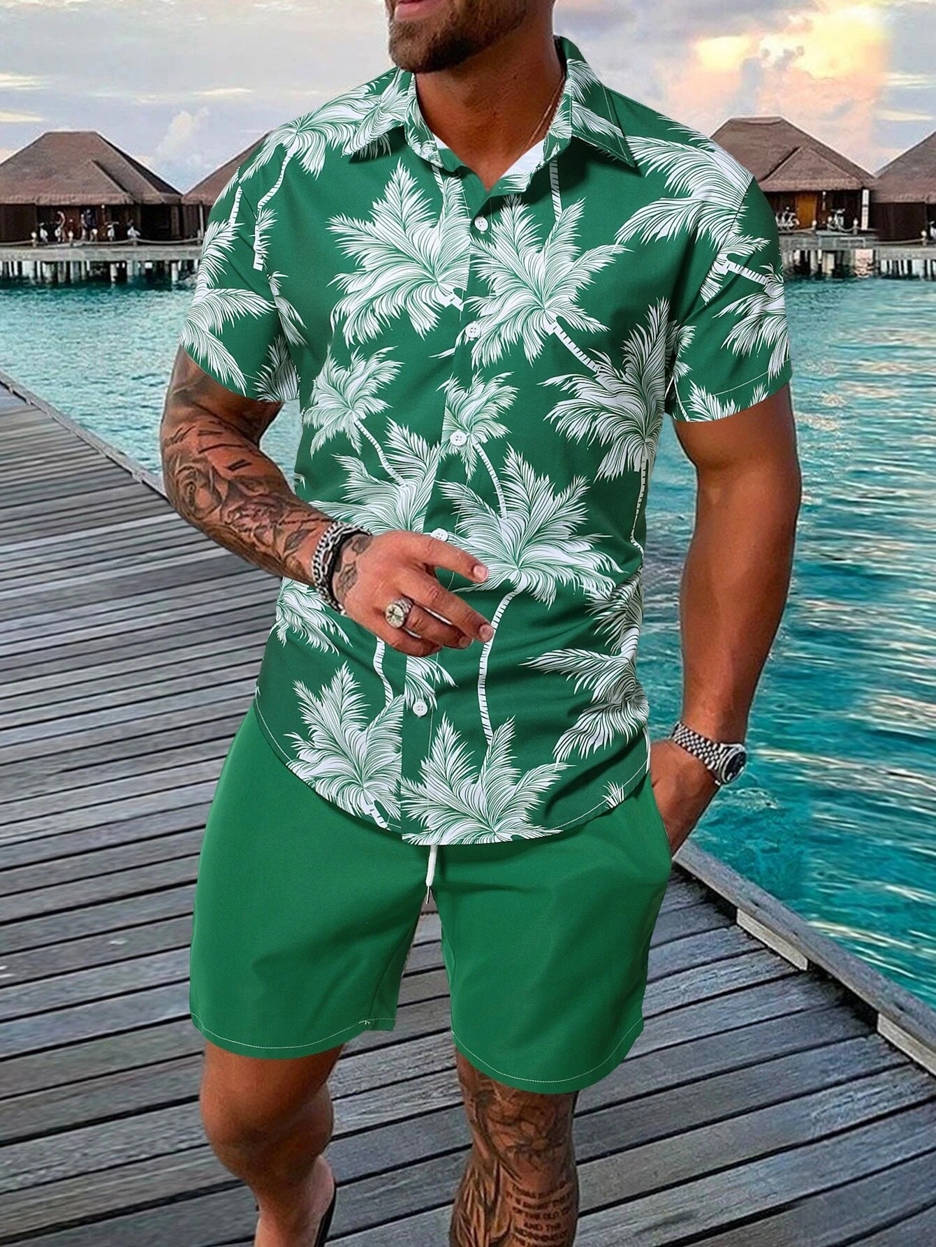 Men's Fashion 3D Print Short Sleeve Shirt & Beach Pants Set